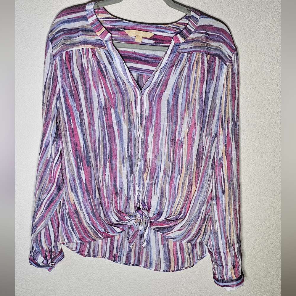 Hope & Harlow Women's Blouse Large Mulit-Color Stripped Sheer Lightweight Top